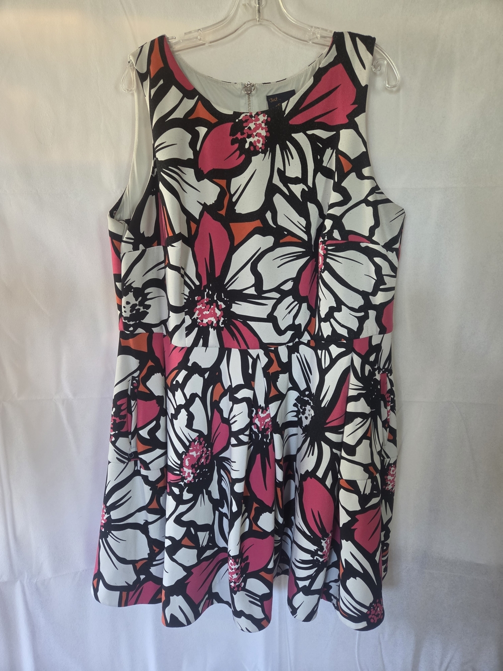 Bold Floral Sleeveless Fit & Flare Dress in White, Black & Fuchsia